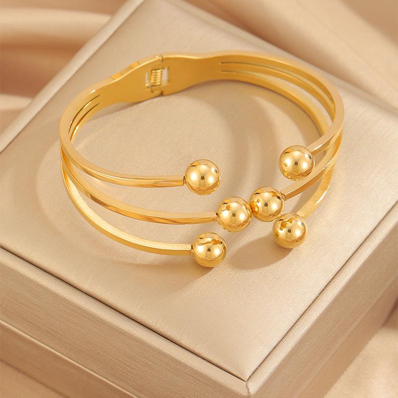 Golden Three Layer Round Bead Bracelet Stainless Steel Bracelet Cross Shaped Round Beads Do Not Fade Titanium Steel Bracelet