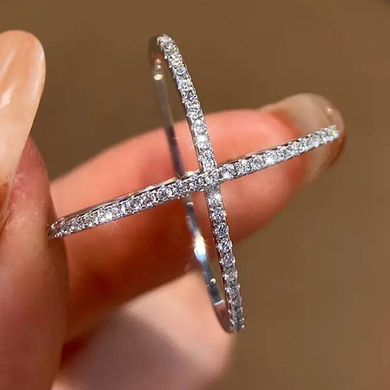 

Huitan Elegant Simple Cross Design Ring for Women Full Sparkling Cubic Zirconia Trendy Party Accessories Daily Versatile Zircon 6