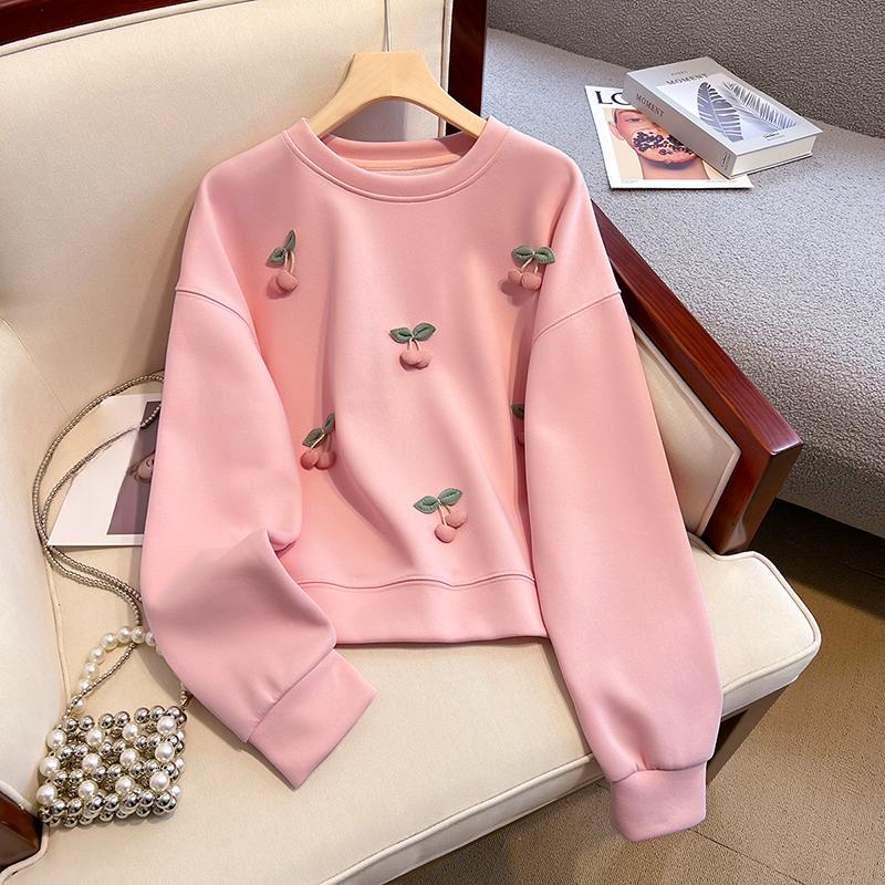 

Женский однотонный пуловер, повседневный свитшот в ленивом стиле, свободная модная одежда для бега, стереоскопический топ с вишневым узором, осенние топы XL розовый