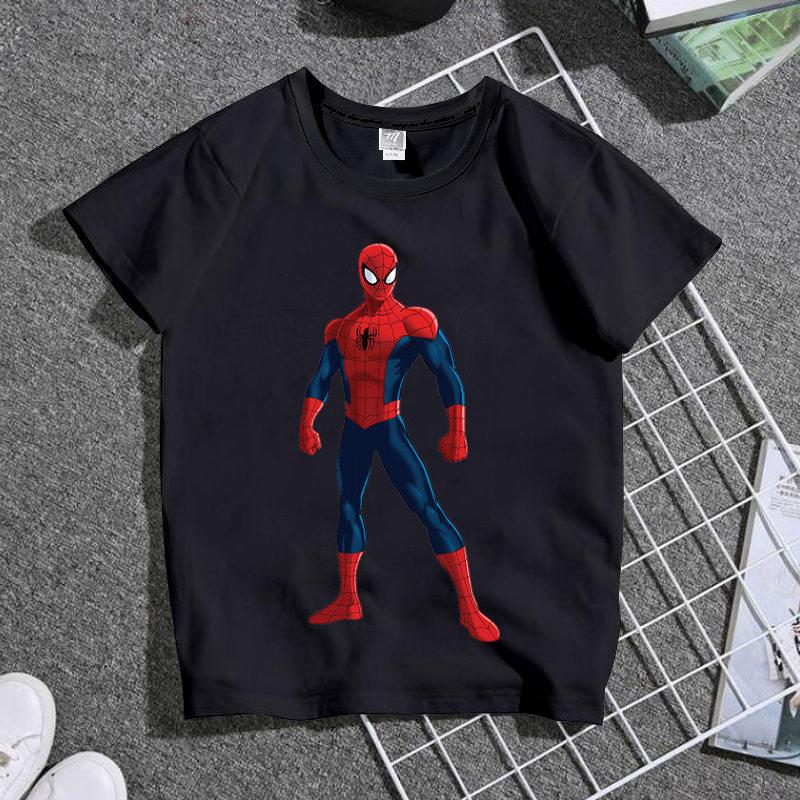 Summer Marvel Spider Unisex Cartoon Printed Tshirt Handsome Childrens Wear Pure Cotton Round Neck Personalized Parent Child Wear