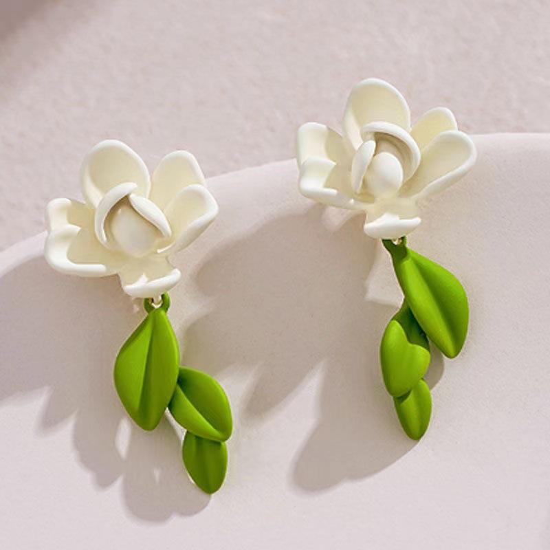French Romantic Green Flower Asymmetric Tassel Drop Earrings New Design Jewelry for Women's or Girl’s Sweet Ear Accessories