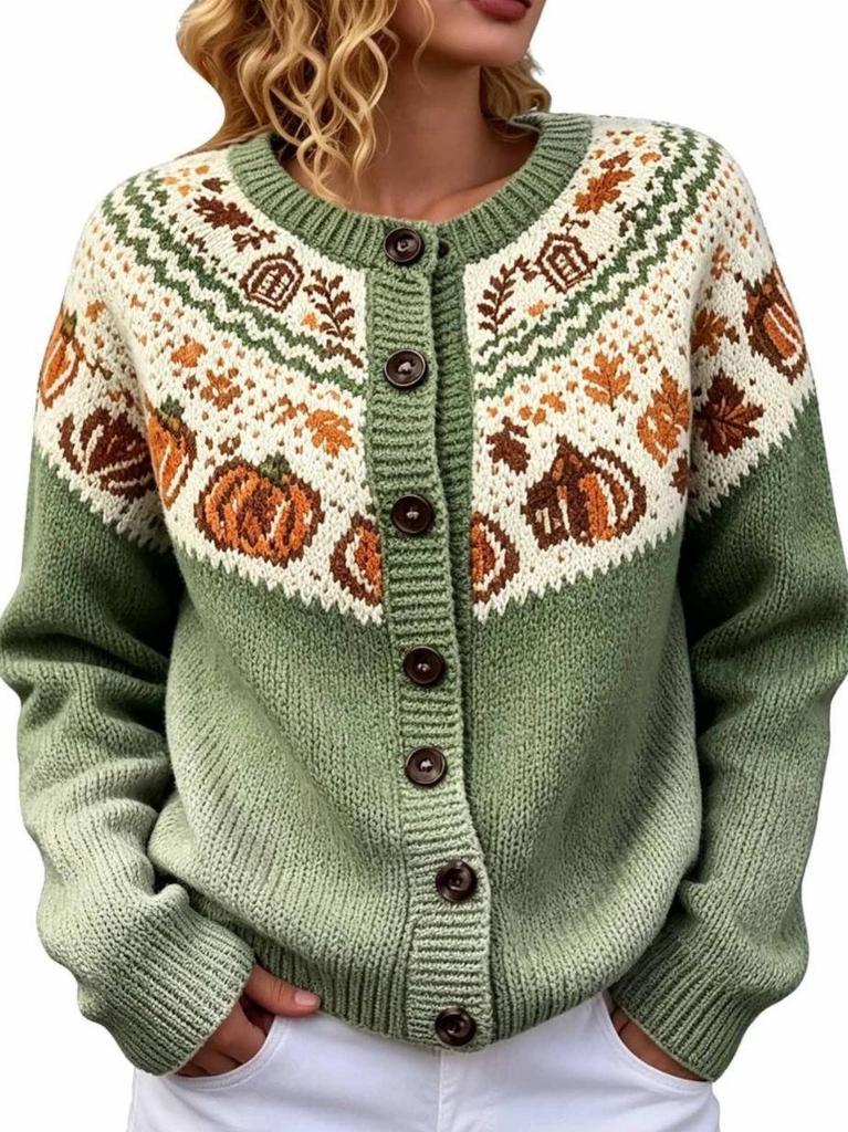 Fair Isle Color Block Single-Breasted Cardigan - Women's Autumn/Winter Knitwear
