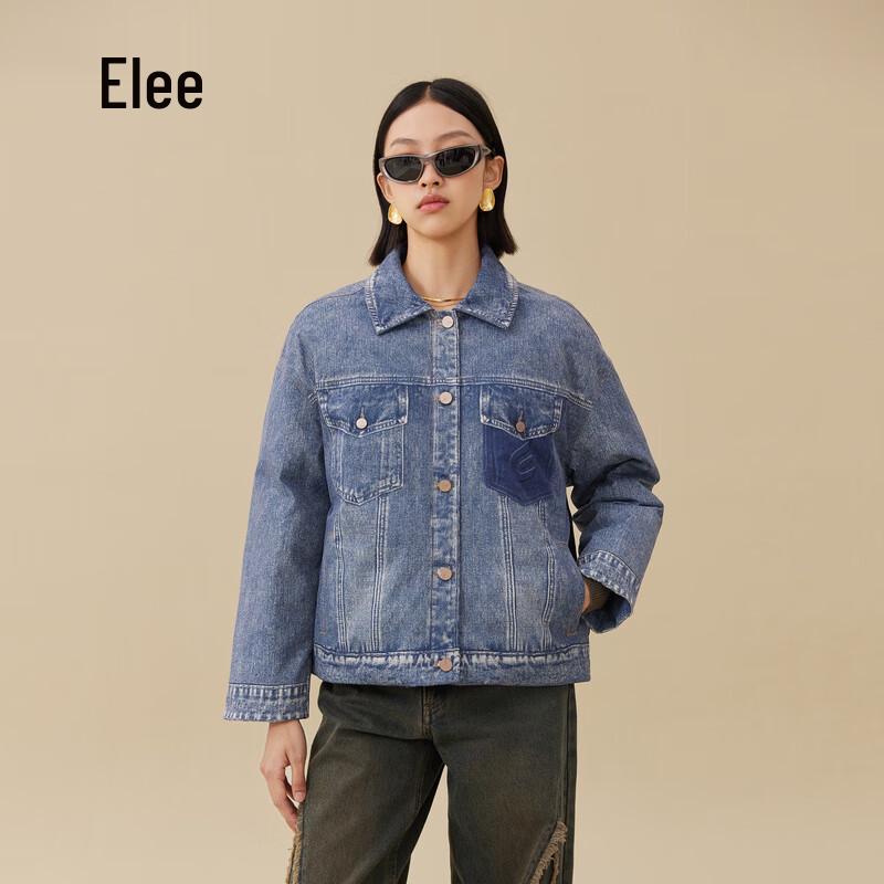 Damen Denim Revers Leichte Daunenjacke