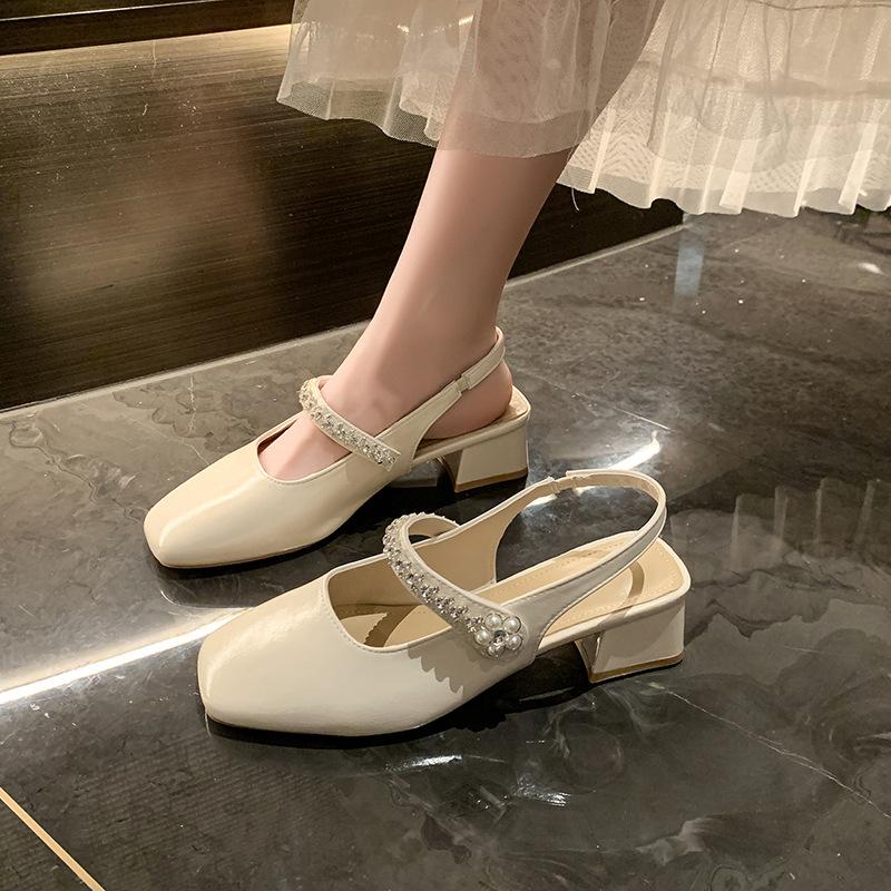 Thick Heel Mary Jane Bag Head Sandals Women's Summer New Rhinestone One-word Square Head Light Mouth Single Shoes