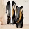Women Plus Size Printed Two Piece Set Long Sleeve Open Front Cardigan Sleeveless Bodycon Dress Black Pink