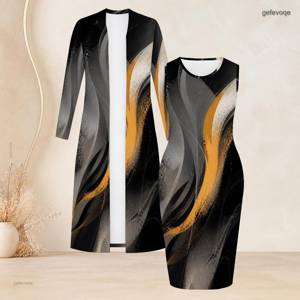 Women Plus Size Printed Two Piece Set Long Sleeve Open Front Cardigan Sleeveless Bodycon Dress Black Pink
