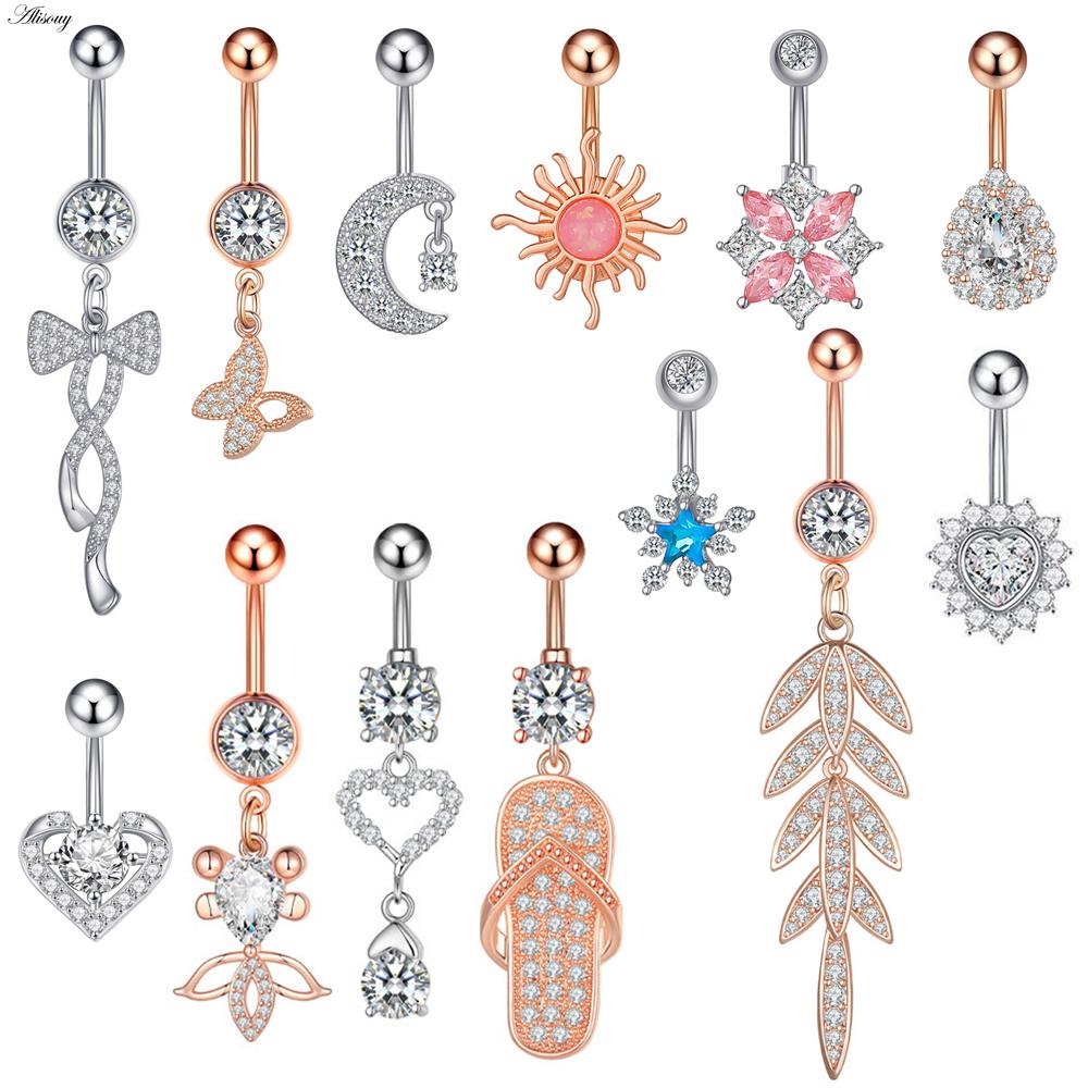 Alisouy 1pc Zircon Sexy Long Belly Ring Star Sun Moon Heart Navel Piercing Surgical Steel Women Belly Button Ring Navel Jewelry