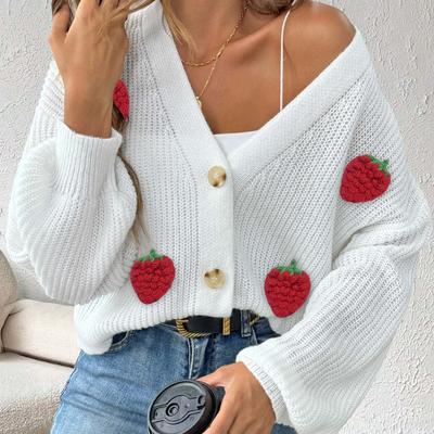 New Autumn and Winter Woolen Three-dimensional Strawberry Patchwork Cute Style Cardigan Button Coat