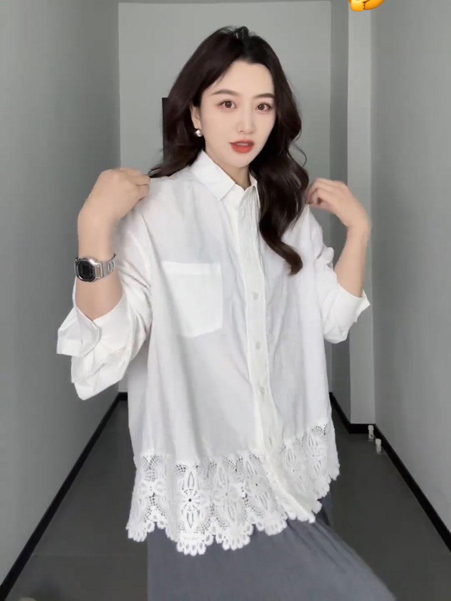 

Женская рубашка класса люкс с белым кружевным пэчворком - Весенняя коллекция 2025: Трендовый, Универсальный и Стильный Топ Свободного Кроя L белый