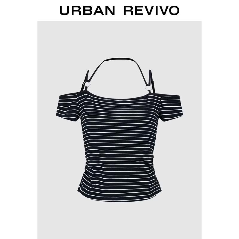 Women s Striped Halter Off-Shoulder Short Sleeve Top M