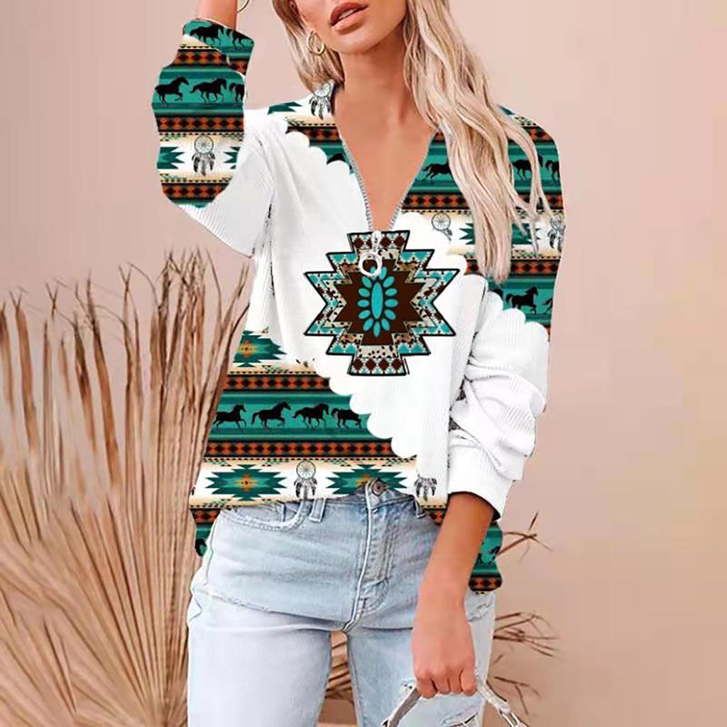 Ladies Casual Ethnic Print Fashion Large Size V-neck Zipper Long-sleeved Blouse