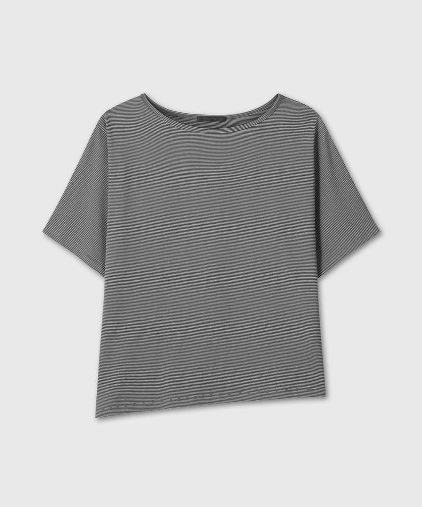 Daibeuinumeon Stripe One Shoulder T-Shirts (Charcoal)