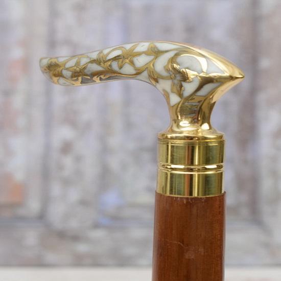 Baston clasic din lemn și alamă Baston de mers auriu și alb, trestie de alamă, cadou pentru bunicul