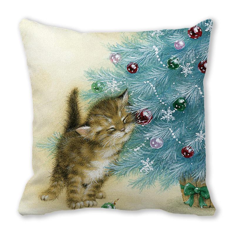 Pernă de canapea cu aspect de piele de piersică, model Crăciun Fericit, pisică și animal - ZT422