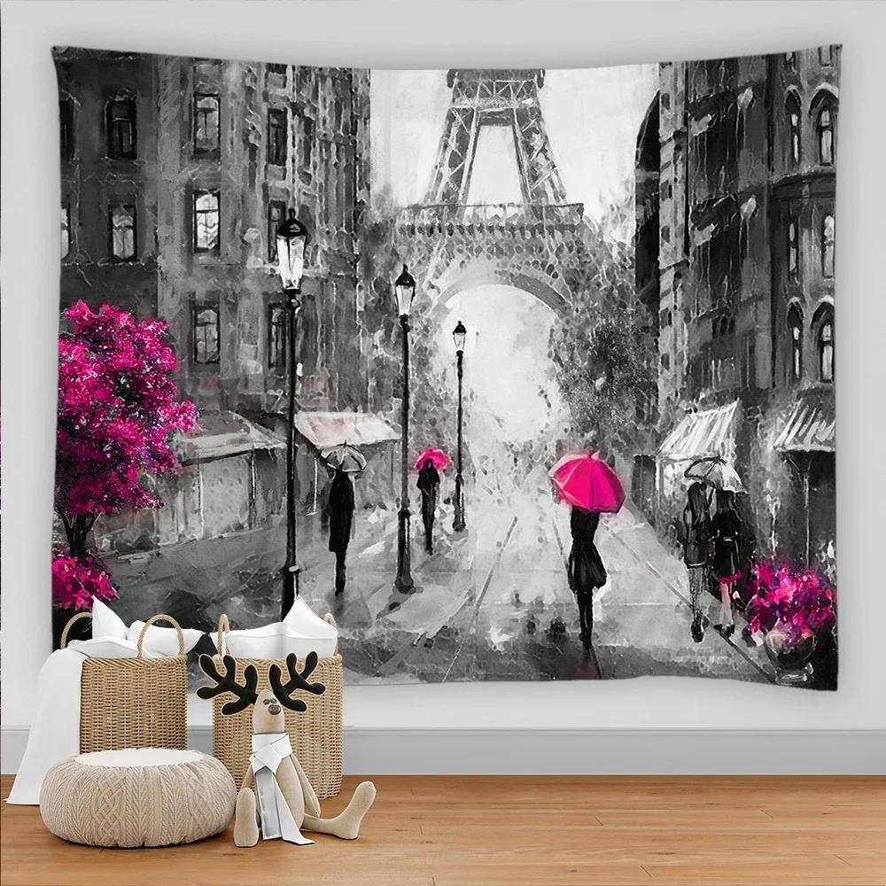 Paris Tapestry Backdrop  Wall Art Eiffel Tower Photo Banner Background European City Landscape Pink  Hanging Decor