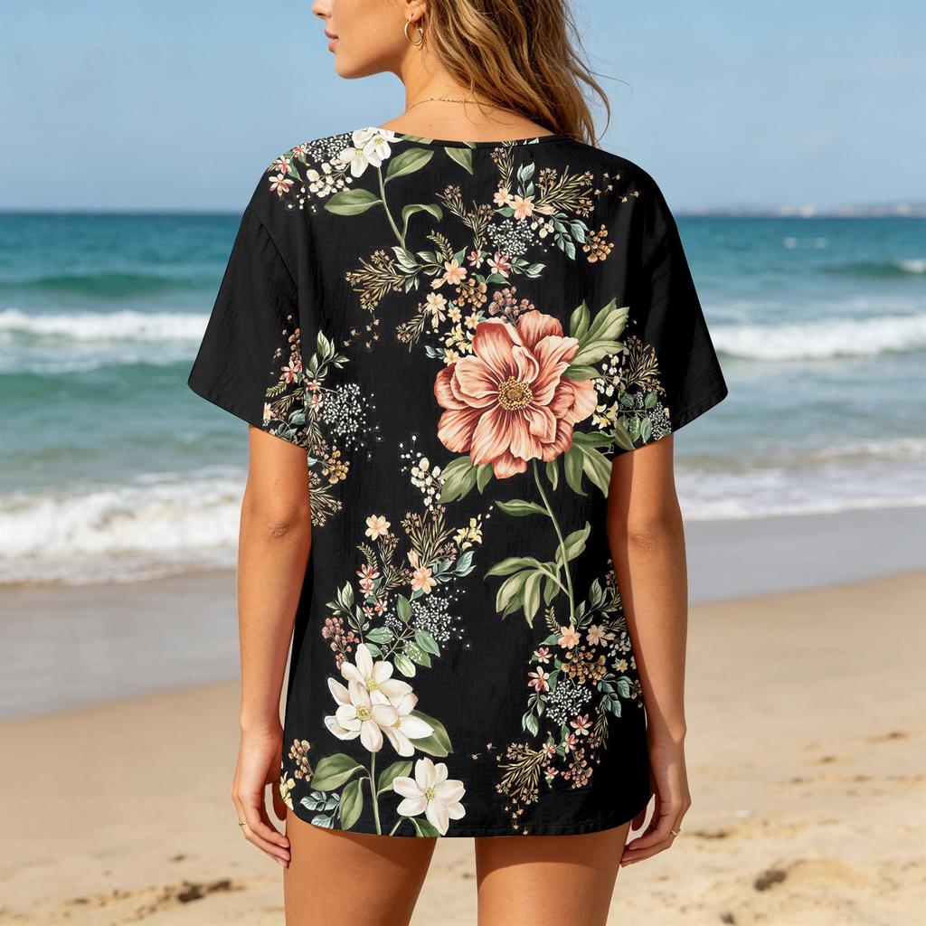 Damen Kurzarm Hemd aus Baumwolle und Leinen mit Modischem Print Henley Knopfleiste und Brusttasche für Freizeitkleidung