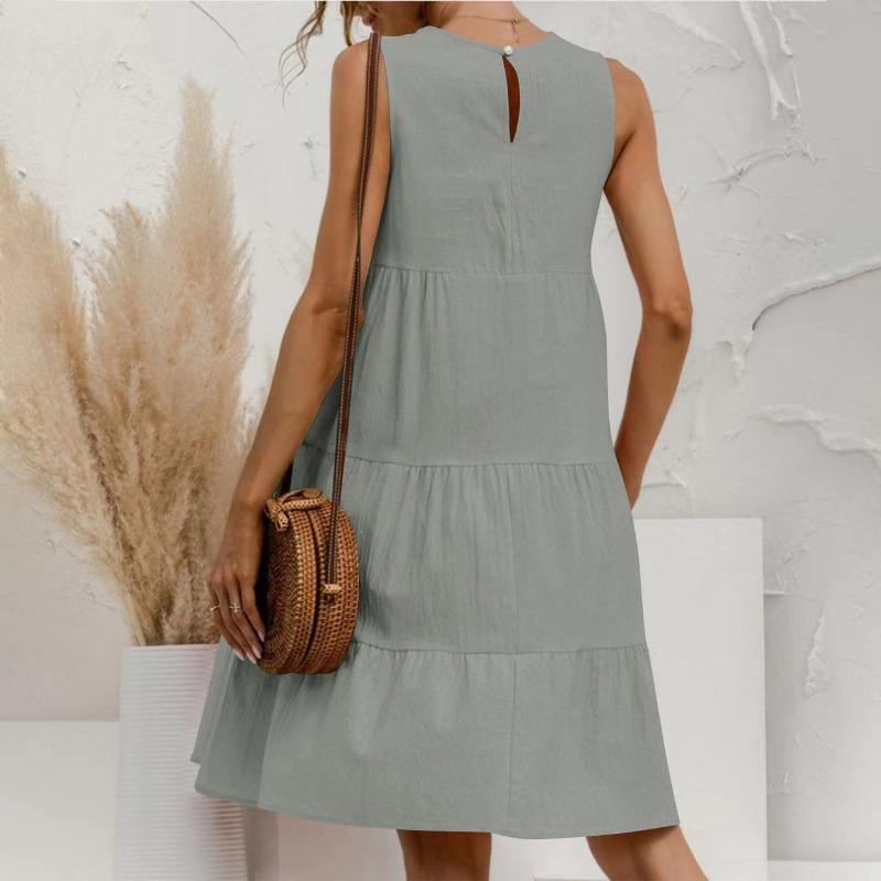 Plus-size Women's Sleeveless Patchwork Loose Round Neck Solid Color Dress