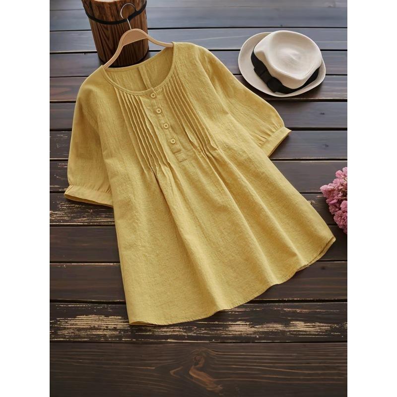 JPNTKY Women's Fashion Casual Solid Color Print Short Sleeve O-Neck Blouses & Shirts