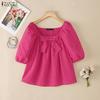 ZANZEA Women Square Collar Casual Short Sleeve Grid Print Blouse