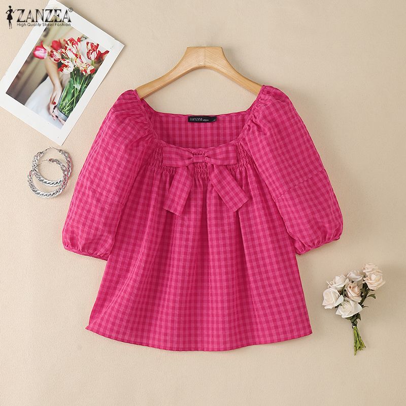 ZANZEA Women Square Collar Casual Short Sleeve Grid Print Blouse