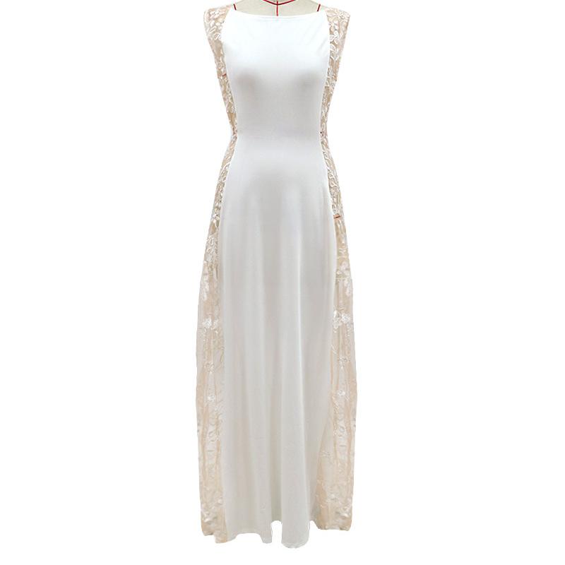 2026 Nové dámské maxi večerní šaty s krajkovým lemováním a výřezem, Sexy dovolenková róba s vlečkou pro svatbu a párty