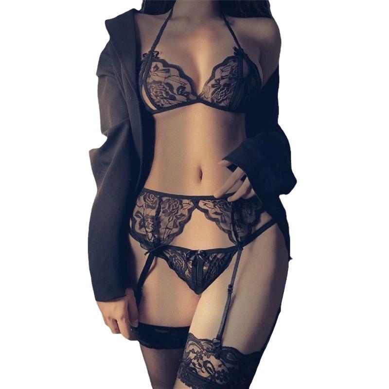 Seductive Lace Lingerie Set: Women's Sheer Bra & Panties with Split Design