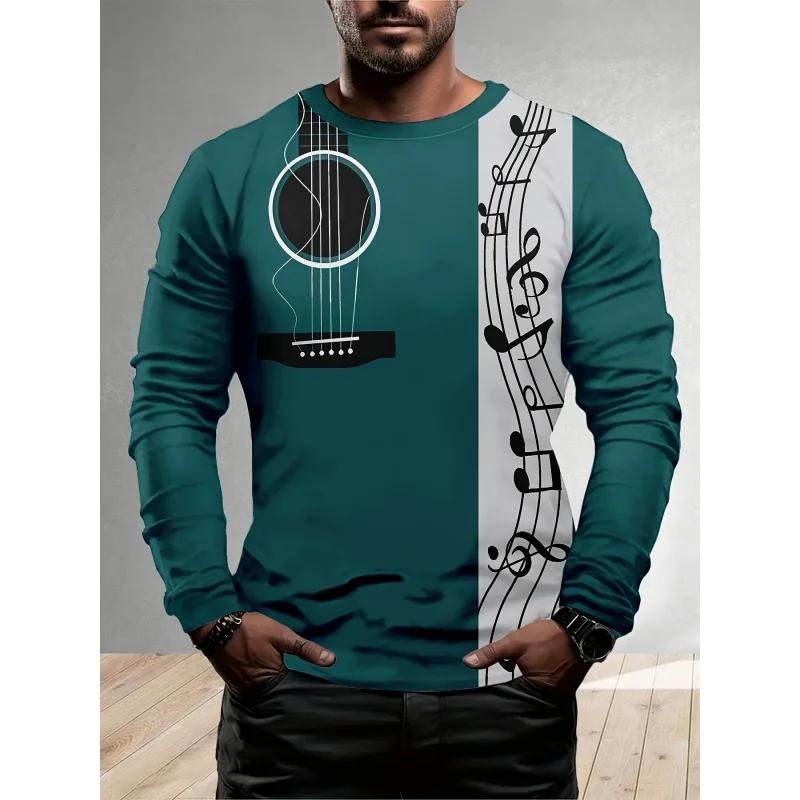 

Весенне-осенние футболки с круглым вырезом и 3D-принтом с гитарой, модные повседневные мужские футболки с длинным рукавом 5XL