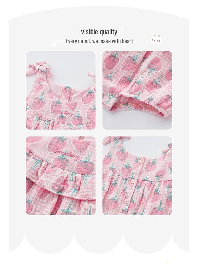 2025 Sommer Neugeborenes Erdbeer-Baumwoll-Strampelhöschen - Ärmellos, Spaghettiträger, Druckknopfverschluss im Schritt