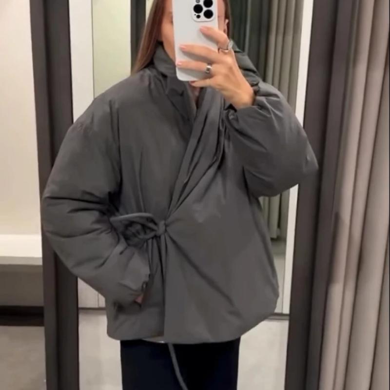 Damen Schnür-Wickel Kimono-Stil Jacke V-Ausschnitt Langärmelig Gefüttert Warme Jacke Mantel 2026 Frühling Herbst Neu Damen Unifarben Oberbekleidung