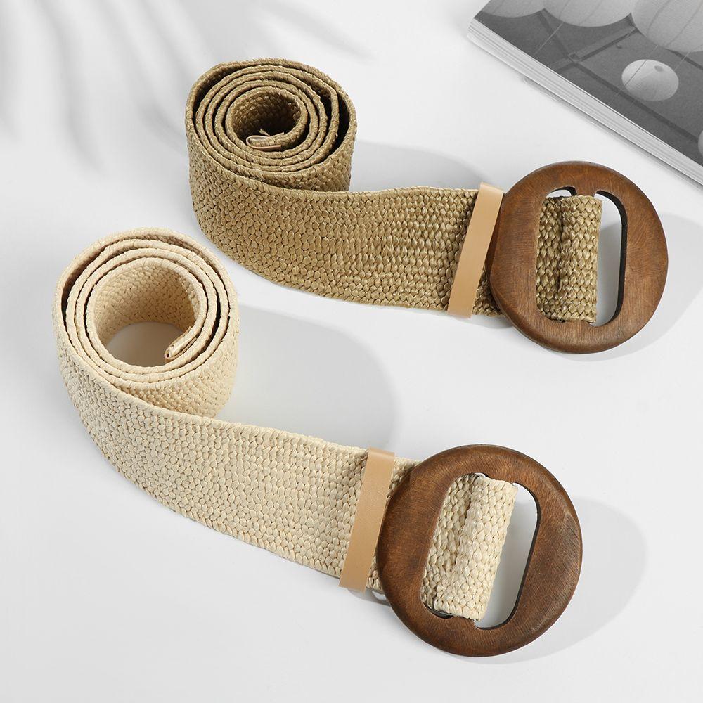 Casual Wide Bohemian Wooden Buckle Waistbelt Straw Belt Elastic