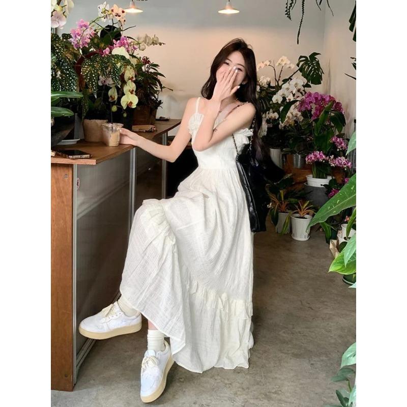 White Dress Women Sweet Ruffles Summer Sleeveless Princess Aesthetic A-line Sundress Holiday Leisure French Style Designed 2026