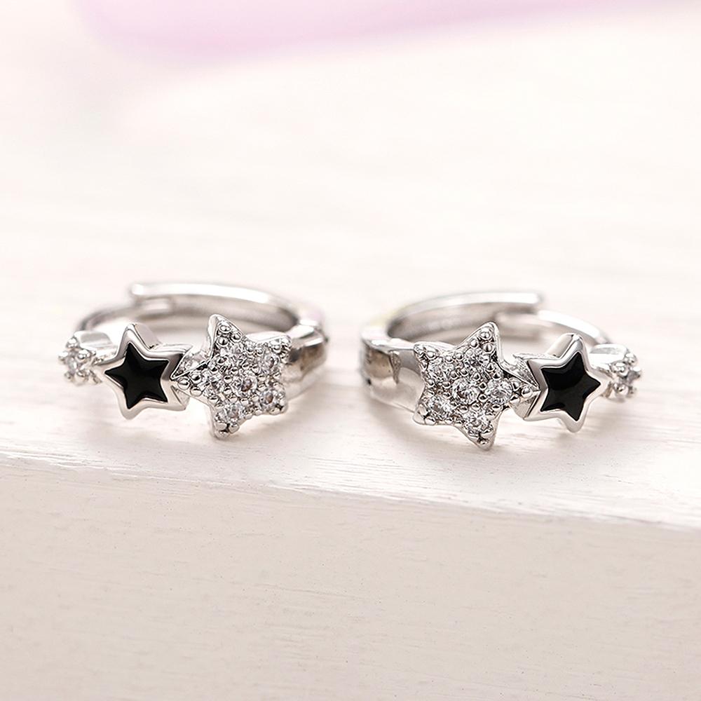 Huitan New Women Star Hoop Earrings with Shiny CZ Delicate Black Star Enamel Circle Earrings Birthday Girl Gift Fashion Zircon