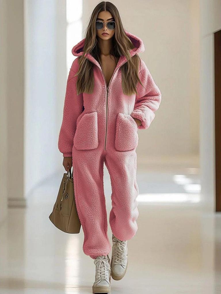 2025 Lambswool Hooded Zipper Jumpsuit: Winter Fashion