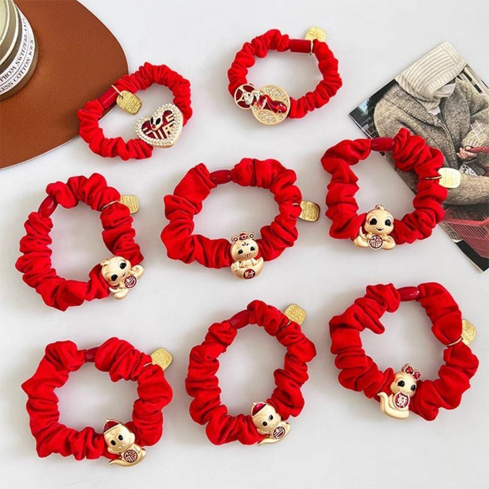 Rhinestone New Year Hair Rope Red Chinese Style Bracelet Elastic Snake Year Hair Ring  Girls
