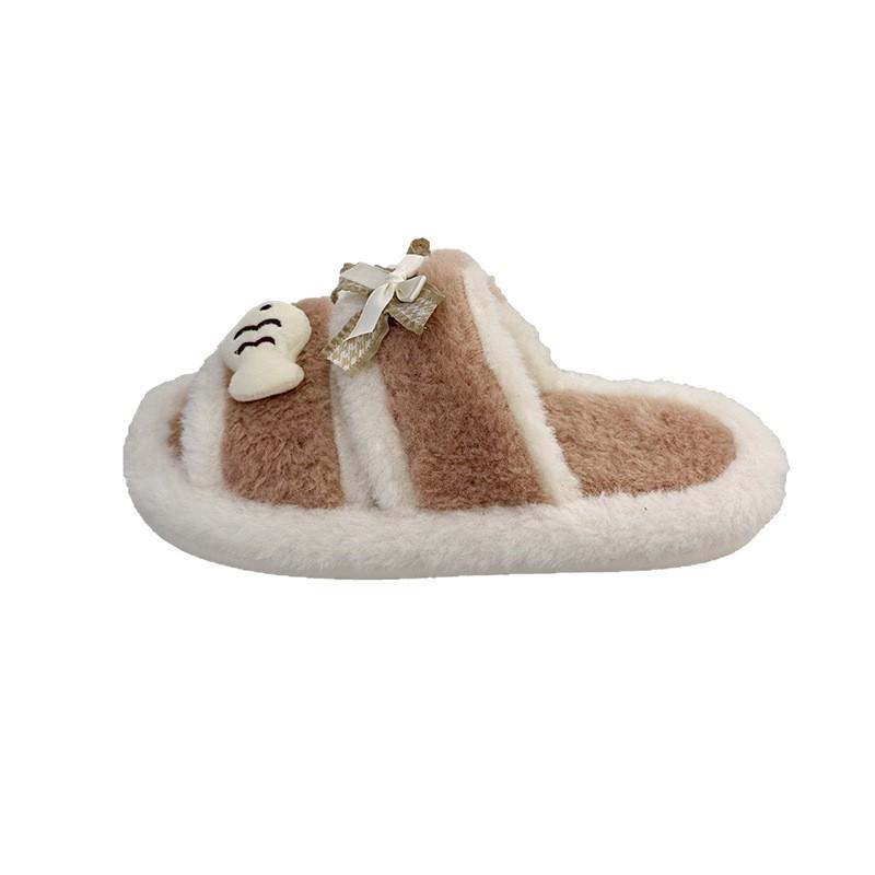 Cute kitten fish thick-soled fluffy slippers girl 2025 autumn fashion outer wear thick-soled bow cotton slippers woman