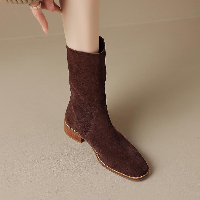 Fashion 2025 New Autumn Winter Cow Suede Women Boots Fashion Med Heel Round Toe Women Shoes Short Boots Western Boots