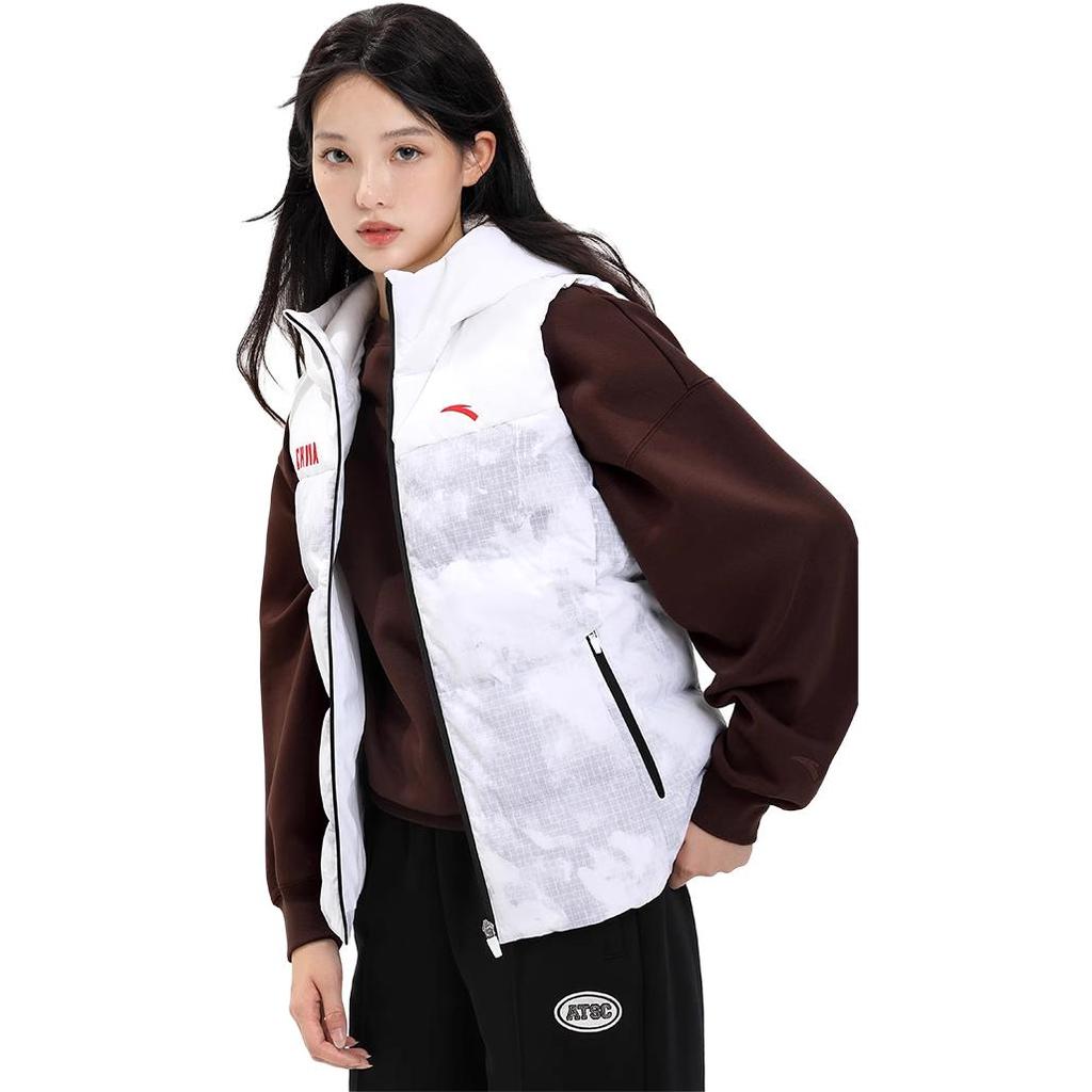 Anta All Over Print Zipper Hooded Sleeveless Down Vest Women Vests Snow-White 162347908-1