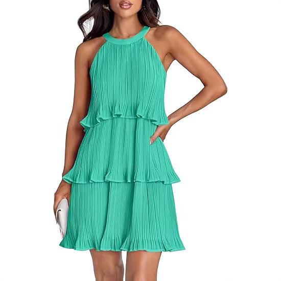 2026 European Sleeveless Patchwork Pleated Hem Women's Dress
