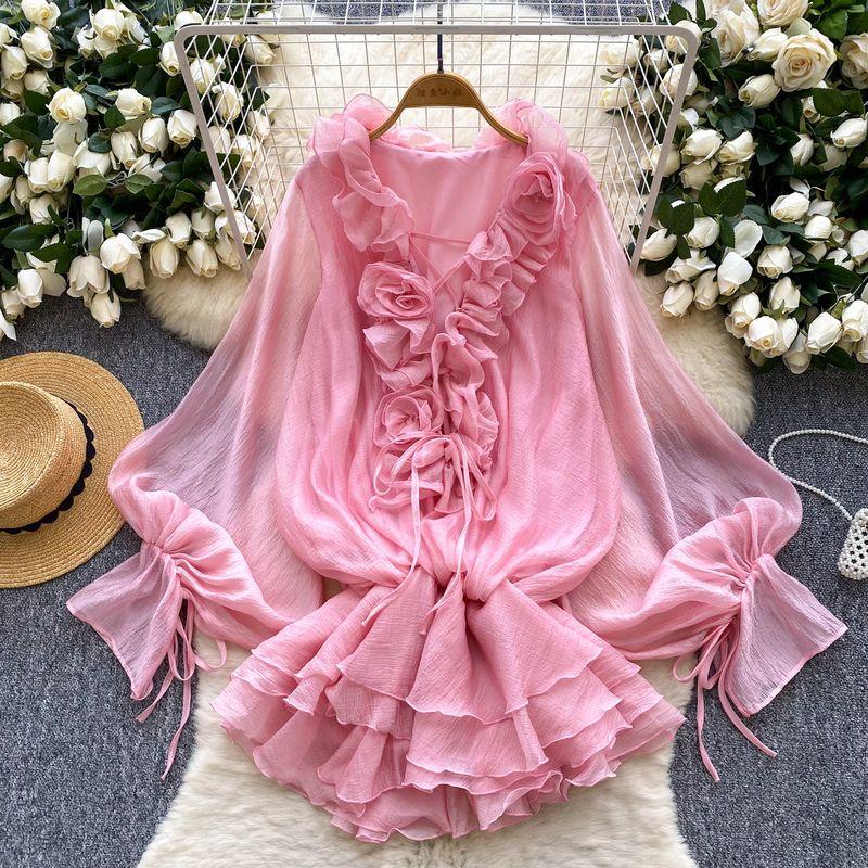 

Европейское и американское платье высокого класса с рукавами-фонариками, женское летнее платье с оборками, трехмерным цветочным дизайном на бретелях, уникальное красивое короткое платье Pink All yards