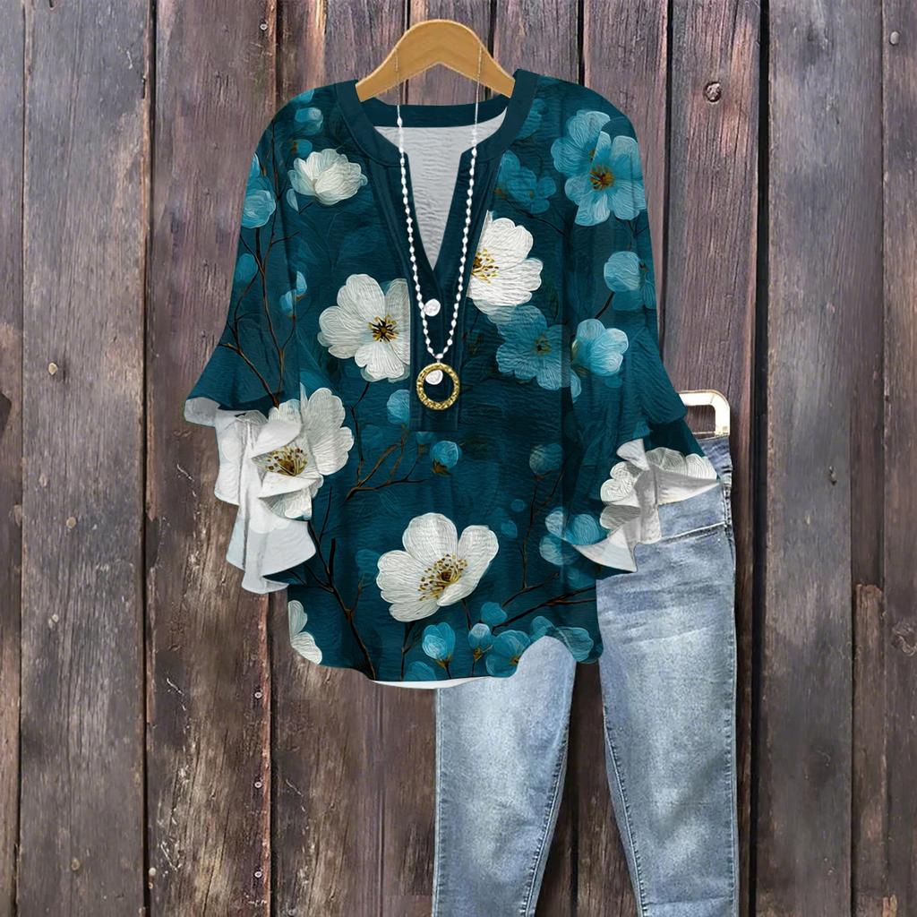 Dámská módní knoflíková halenka s volánky a sedmivteřinovým rukávem, top s květinovým potiskem