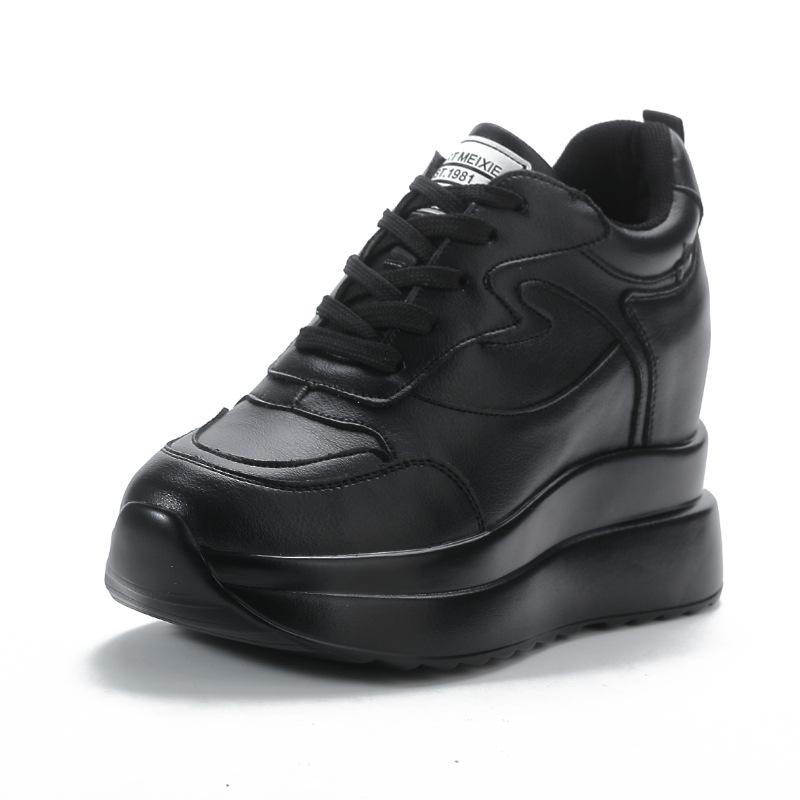 Women's White Genuine Leather Platform Shoes - 10cm Height Increase, Thick Sole, Versatile for All Seasons