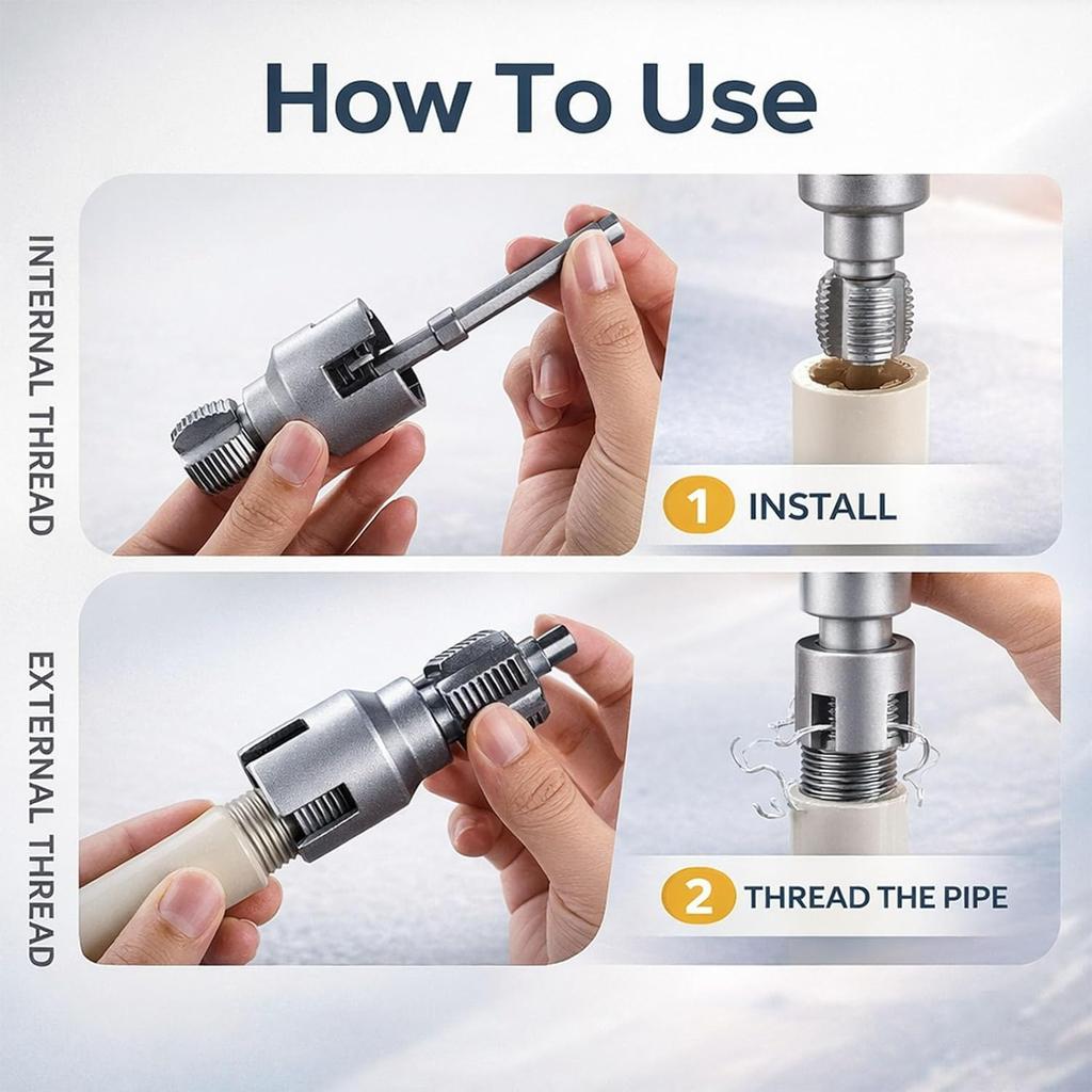 Upgrade Carbon Steel 4 in 1 Water Pipe Wrench Threader,Dual-Function Internal & External Pipe Threader,for 1/2", 3/4", 1" Sizes PVC Pipes Suit