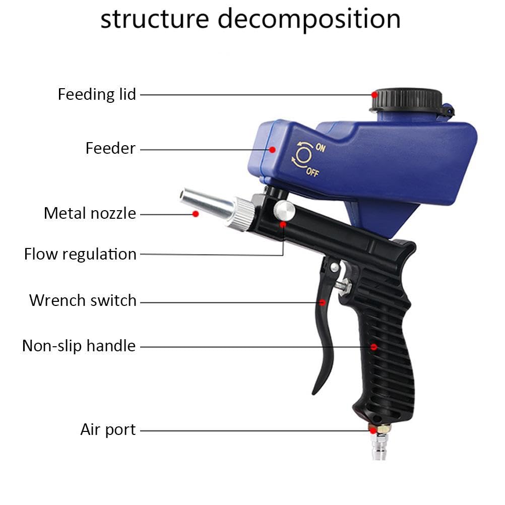 Portable Sandblaster Gun Kit 70-150 PSI 6000RPM Gravity Feed Sandblasting Pneumatic Blast Gun Handheld Tool with Air Tube Connector for Cleaning