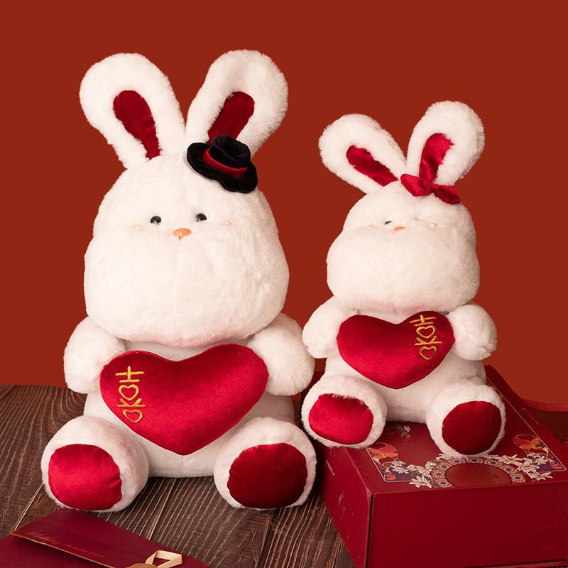 Rabbit Bow Plush Dolls Hat Bunny Stuffed Toy Couple Wedding Gift Decorations
