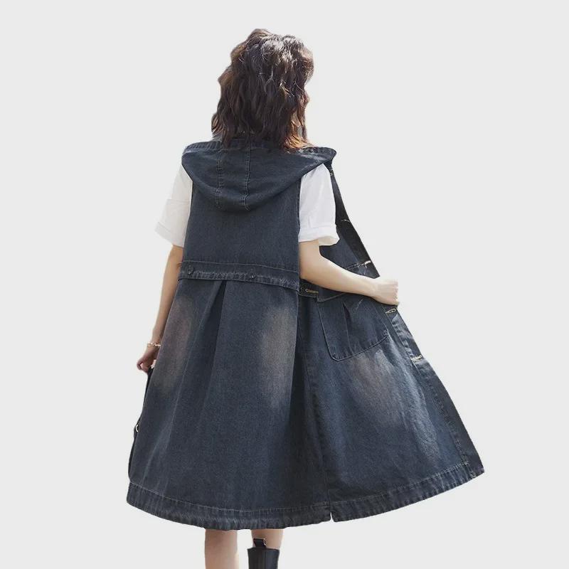 Women's Retro Sleeveless Hooded Denim Jacket with Large Pockets - Summer 2025 Collection