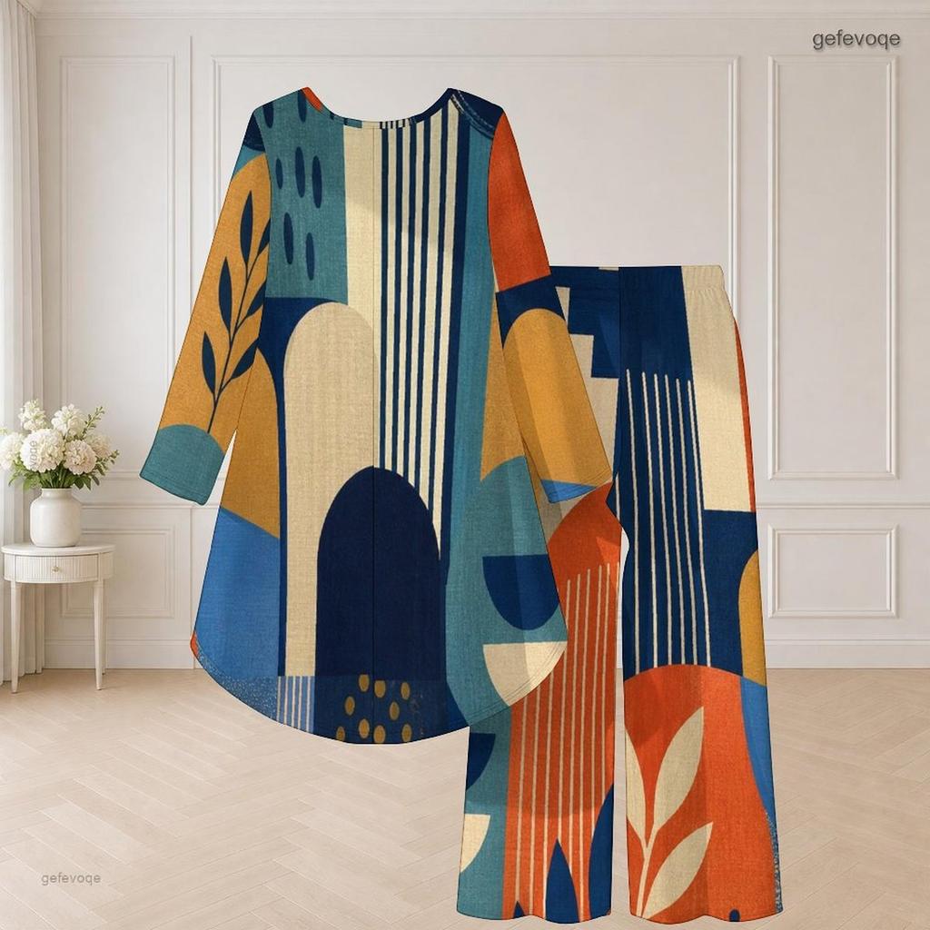 Women Plus Size Two Piece Set Round Neck Long Sleeve Plaid Printed Orange High Low Top Wide Leg Pants