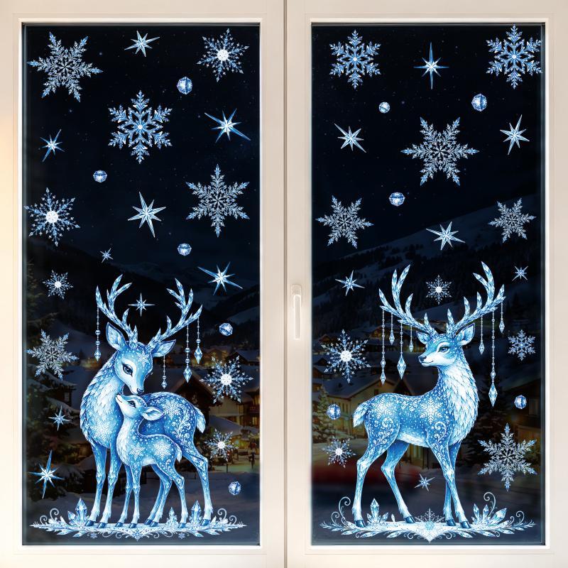 Blue Christmas Window Static Clings With Santa Snowman Reindeer Patterns For Home Xmas Party Decorations