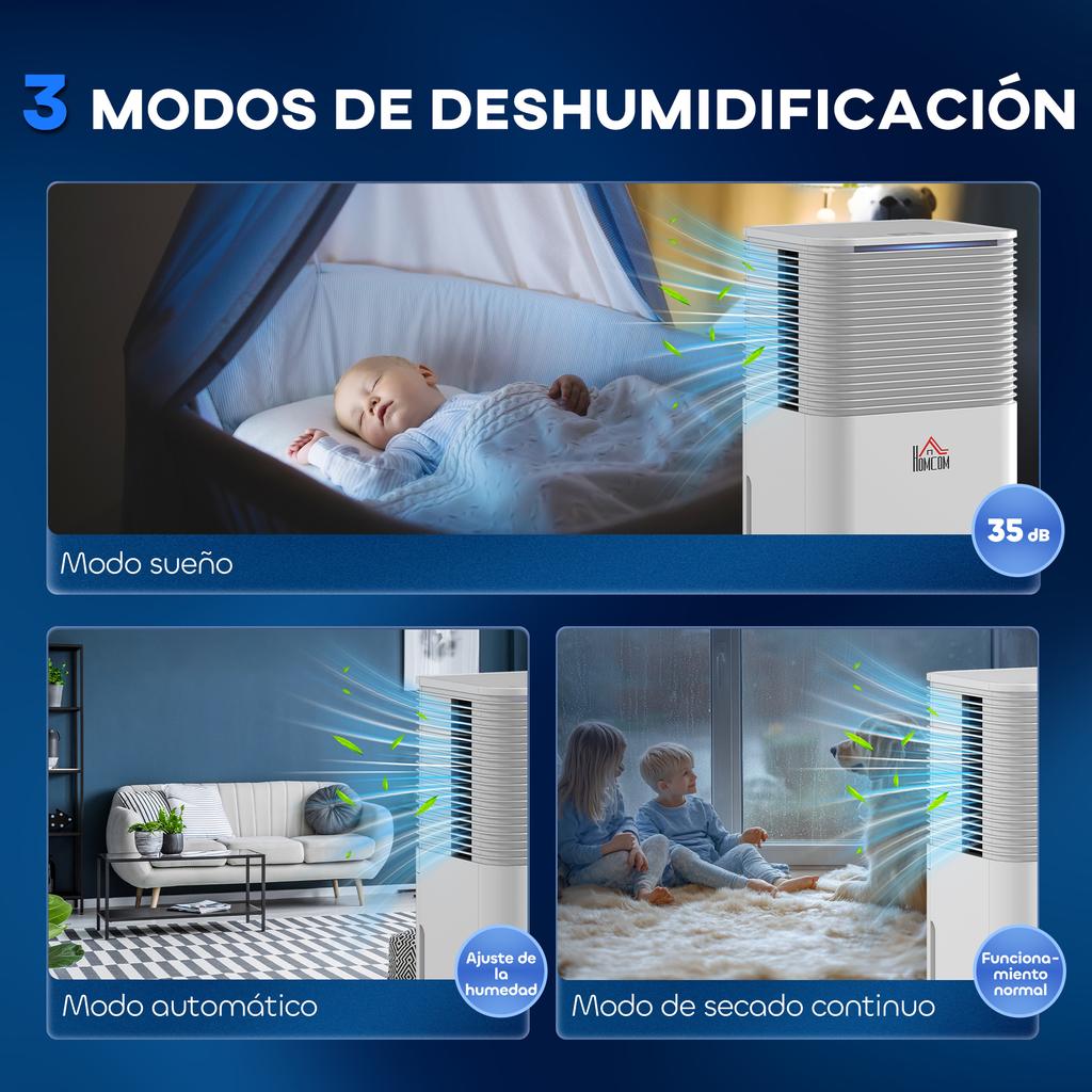 Dehumidifier 10L/day Silent with 3 Modes LED Display 24H Timer Child Lock and Continuous Drainage White