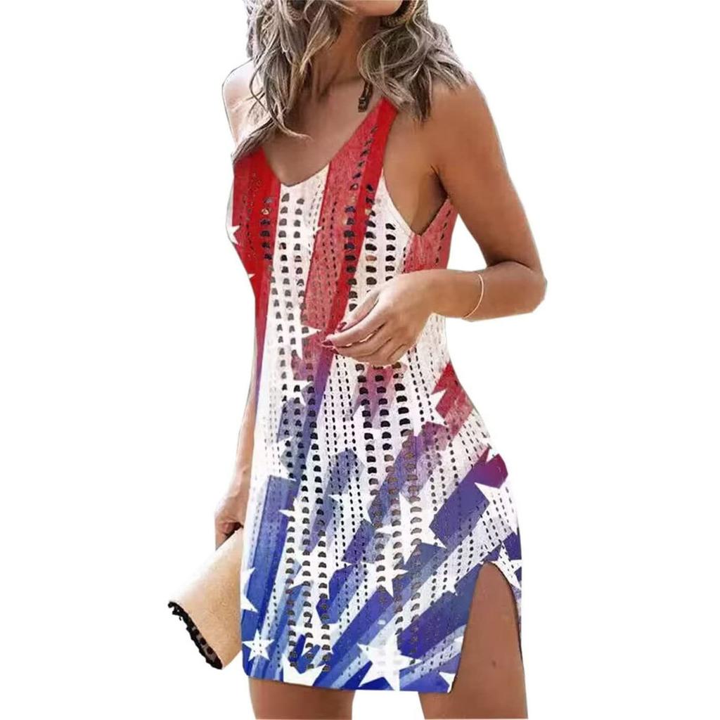 Women Knit Beach Dress Bikini Cover Ups Summer Hollow Out Sleeveless Short Dresses Sexy See Through Swimwear Cover-ups