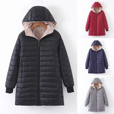 Winter-Daunenmantel, dick gepolstert, Plüschkapuze, mittellang, durchgehender Reißverschluss, winddicht, lange Ärmel, Taschen, warme Baumwolljacke für den Alltag